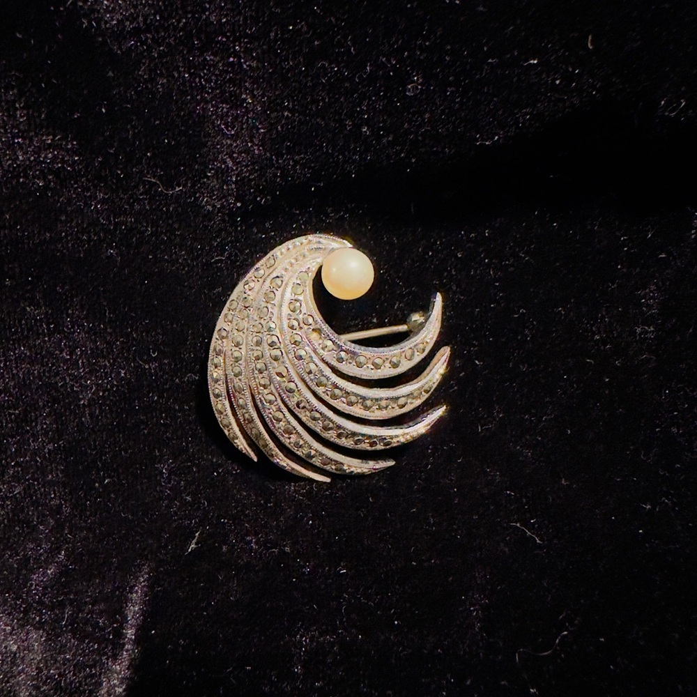 Vintage Marcasite Brooch with Faux Pearl Swirl Fan Brooch Lapel Pin 1.5"